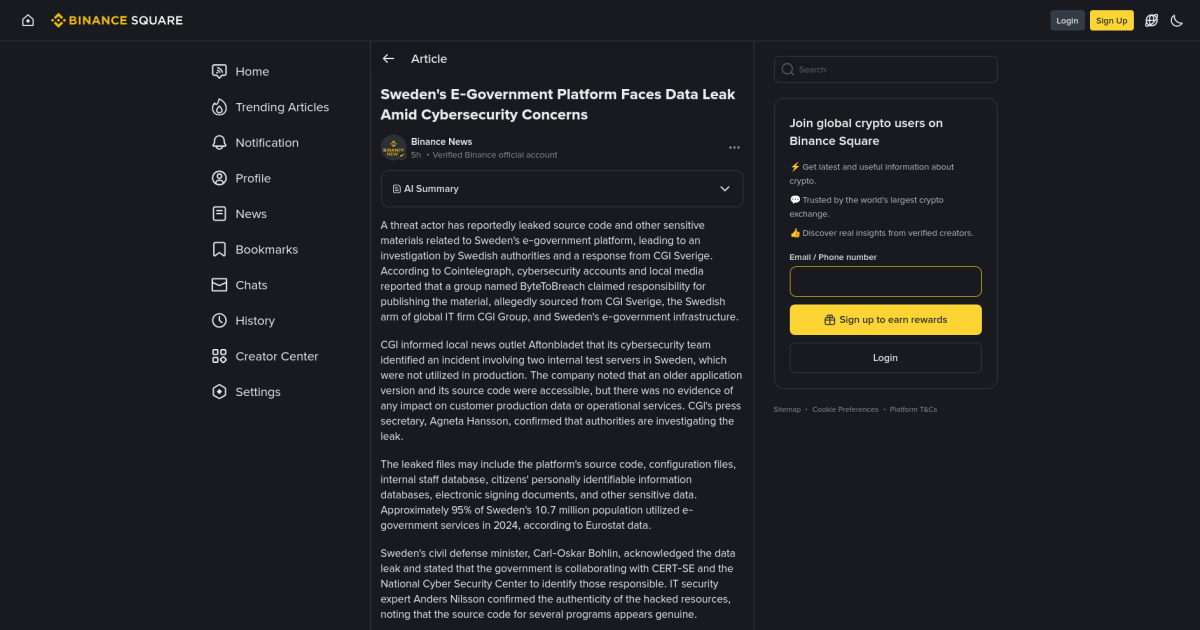 Screenshot: Sweden's E-Government Platform Faces Data Leak Amid Cybersecurity Concerns