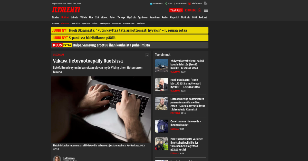 Screenshot: Vakava tietovuotoepäily Ruotsissa