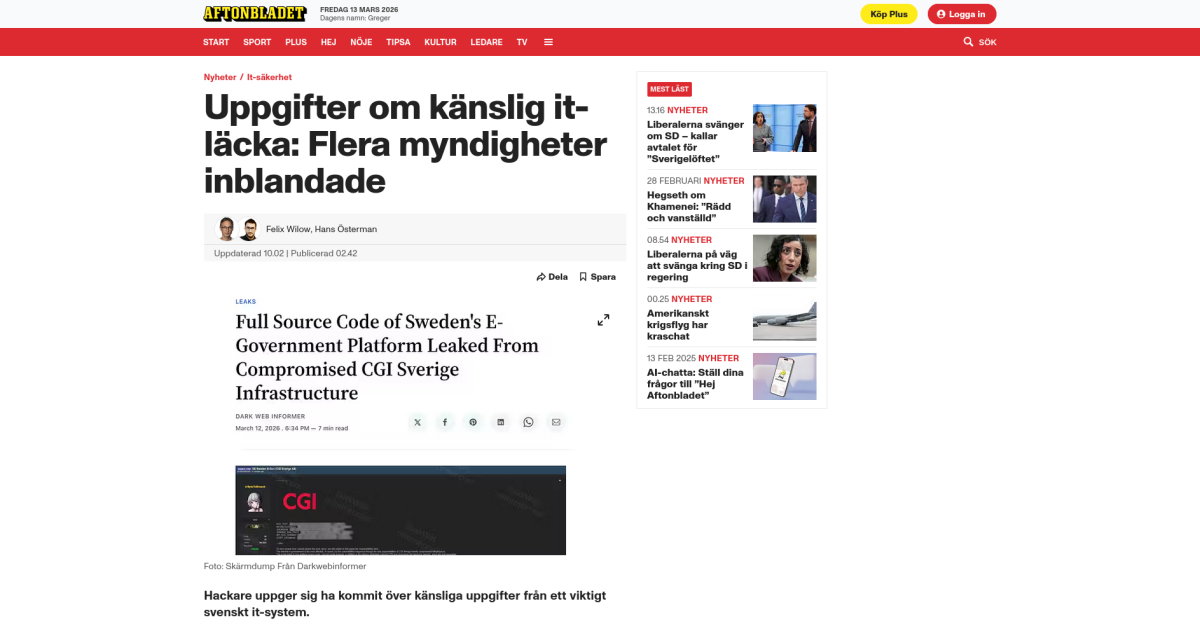 Screenshot: Uppgifter om känslig it-läcka: Flera myndigheter inblandade
